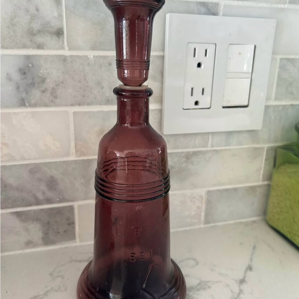 Amethyst Purple Vintage Wheaton Glass Liberty Bell Decanter with matching topper